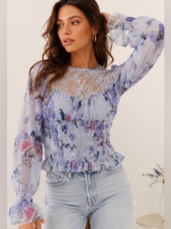 Free People Tops - Free People Daphne Floral Lace Blouse Blue Combo NWT Small